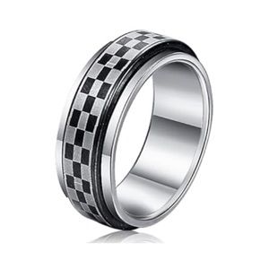 Black Silver Checkered Fidget Spinner Ring Stainless Steel Band
